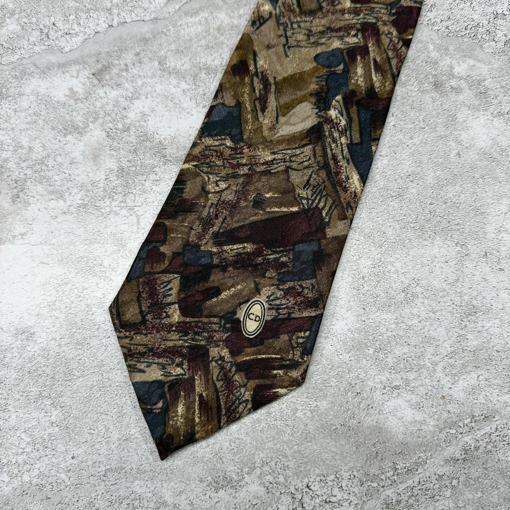 Christian Dior 100% Silk Tie Mens One Size Brown Geometric Made In Italy